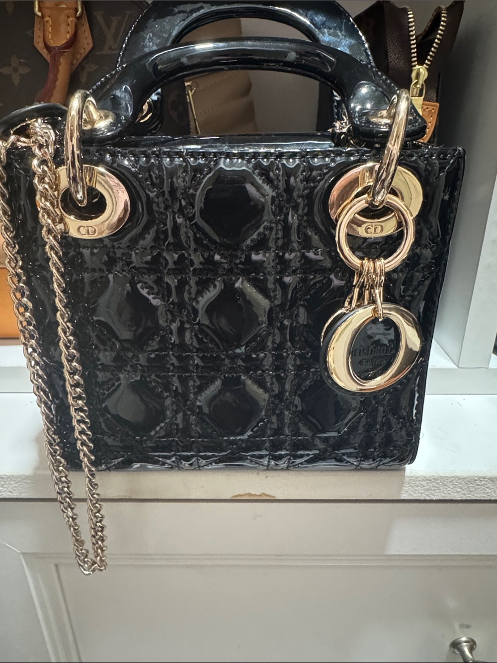Dior Black Patent Mini Lady Bag with Gold Hardware